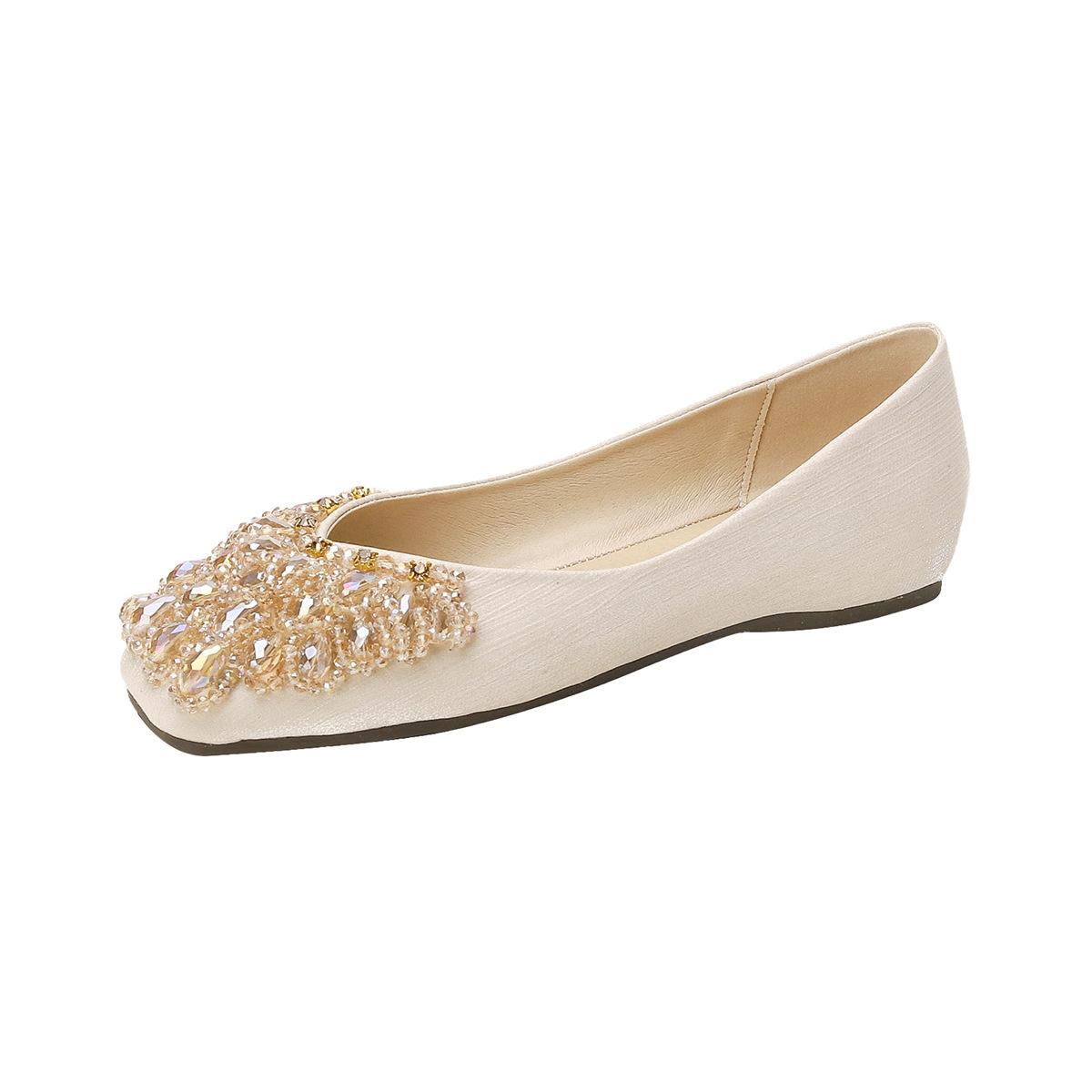 

Weiwei girl 699-1 single shoe women s flat bottom square head 2024 new one-pedal shallow mouth rhinestone beanie shoes soft sole 43 абрикосовий