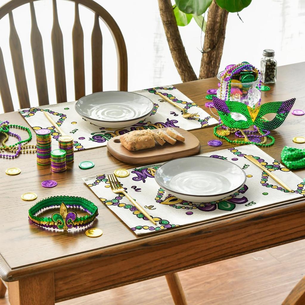 Iris Jewelry Carnival Mardi Gras Placemats Set of 4, 12x18 Inch Seasonal Festival Holiday Table Mats for Party Kitchen Dining Decoration