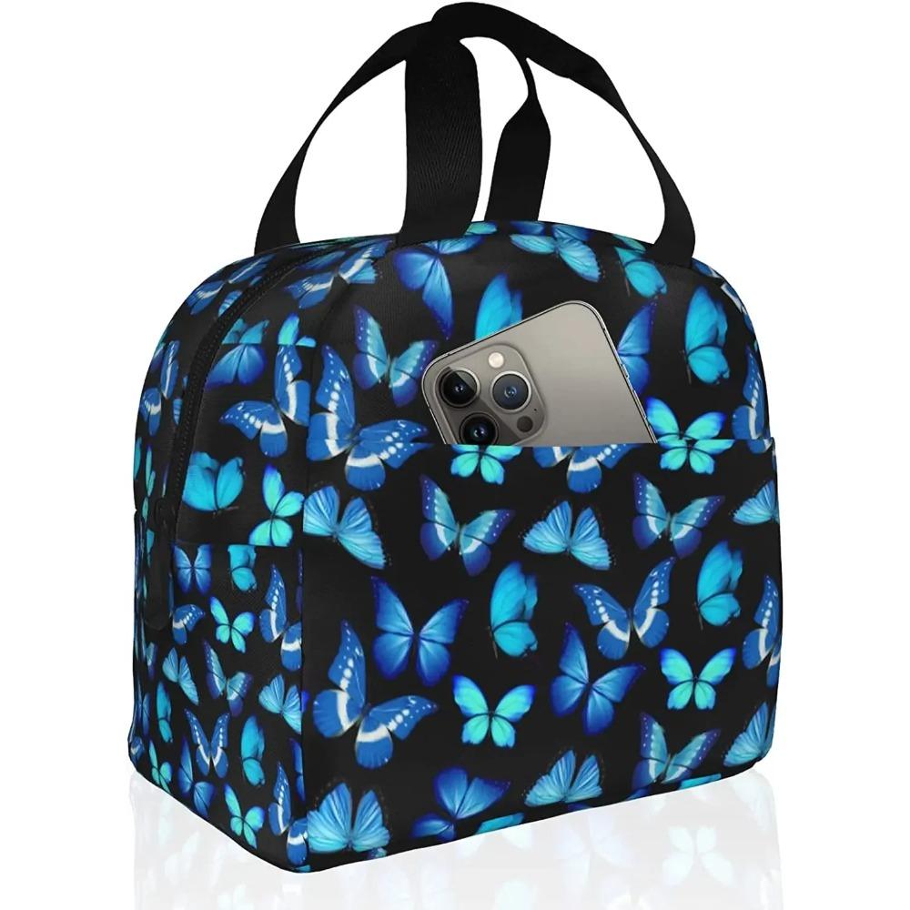 Insulated Lunch Bag Box for Women with Blue Butterfly Print Cute Lunch Cooler Thermal Waterproof Reusable Tote Bag with Pocket