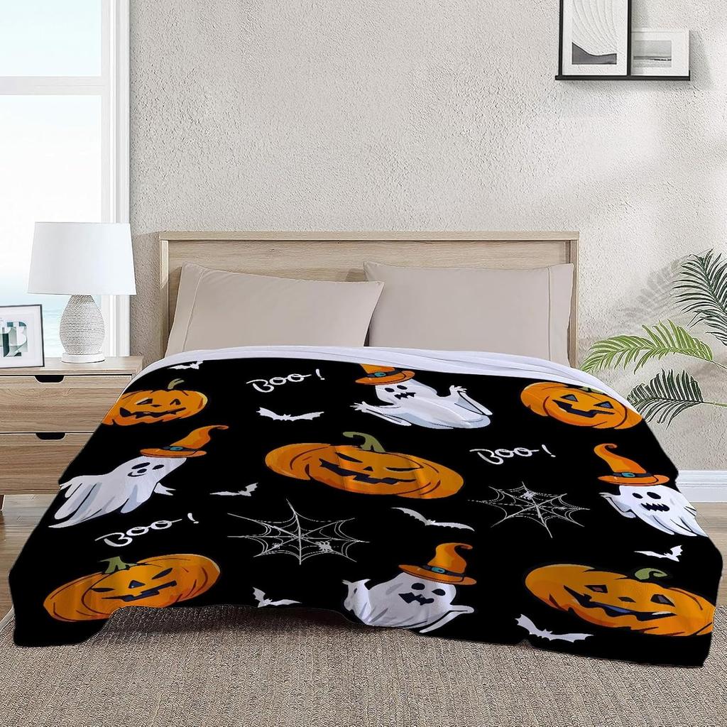 1PC Halloween Throw Blanket Pumpkin Skull Bats Witch Black Cats Thin Blanket Gifts for Couch Bed Car Home Camping All Season Use