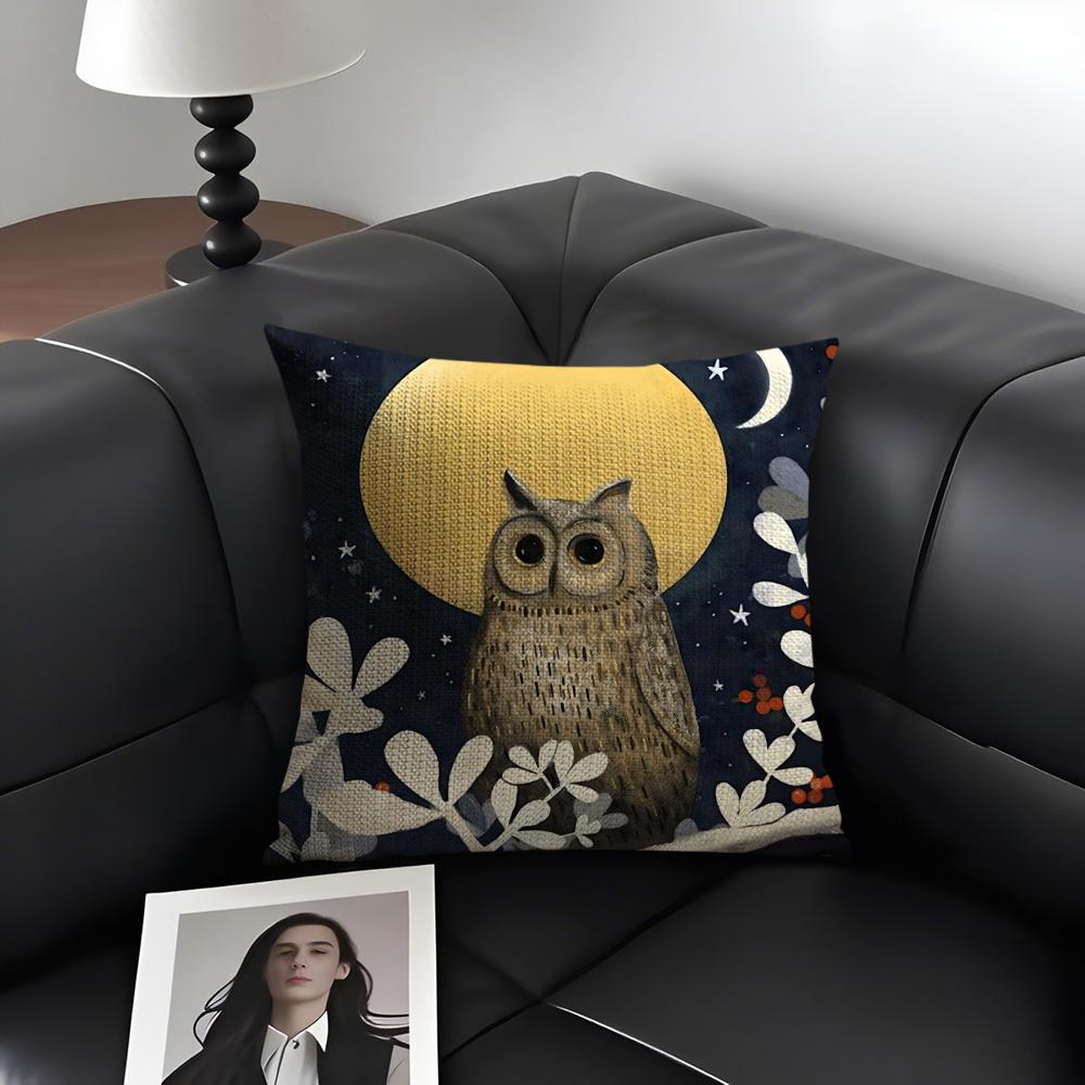 Owl Painting Cushion Cover Natural Linen Organic Fabric Double-Sided Printing Sofa Home Decor Gift Pillow Case
