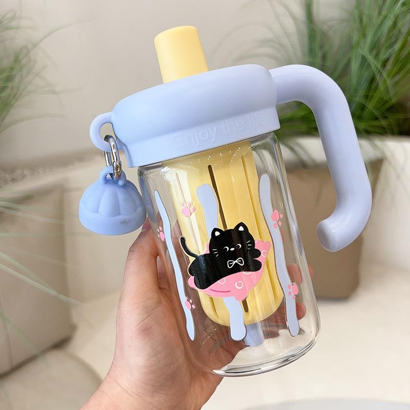 High Borosilicate Glass High Temperature Resistant Portable Straw Cup Tea and Water Separation  Large Capacity Student Water Cup