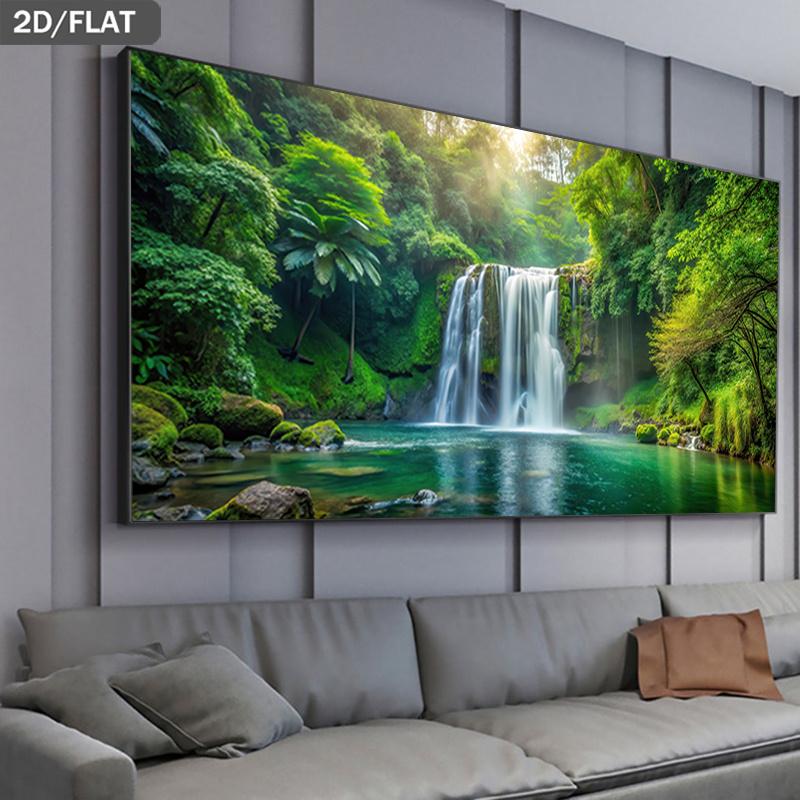 One Oversized Modern Minimalist Canvas Painting - Frameless Lush Green Forest Waterfall Wall Art Poster -