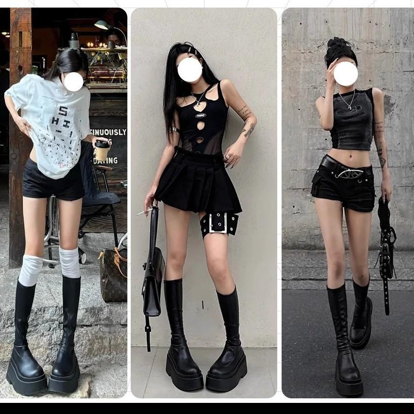 [Factory Making Goods] Leather Thick-soled Boots Women's Elastic Thin Boots Heightening Long Boots Tall Knight Boots