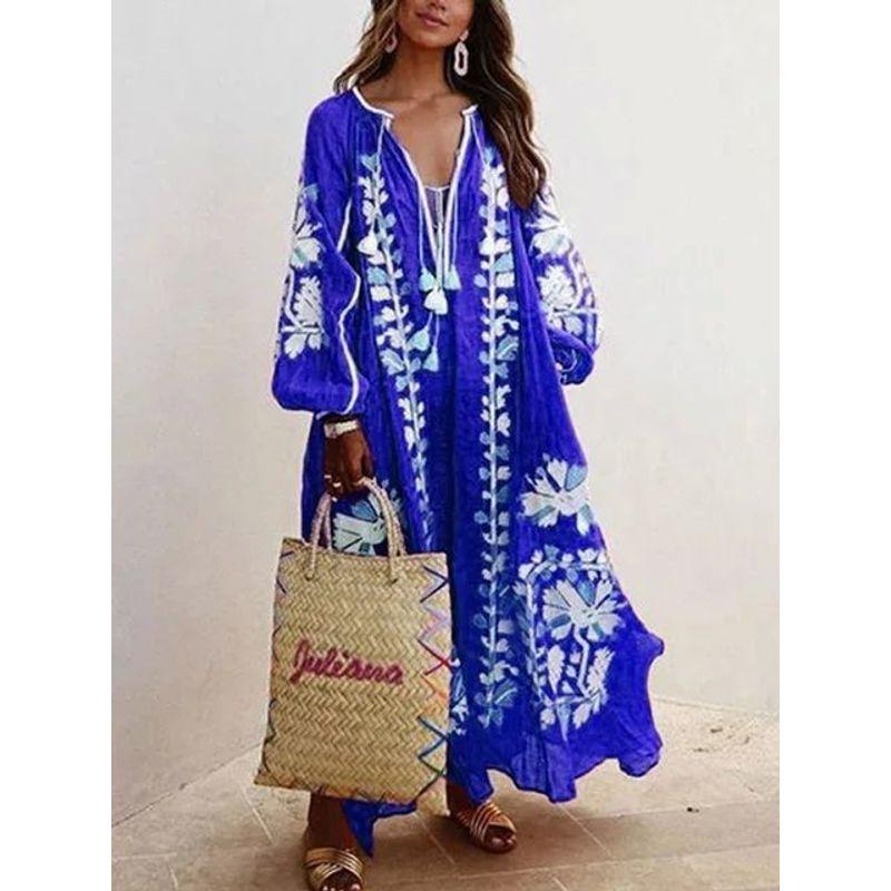 Long-Sleeve V-neck Print Loose Dress Long Sleeves V Neck Print Loose Long Dress