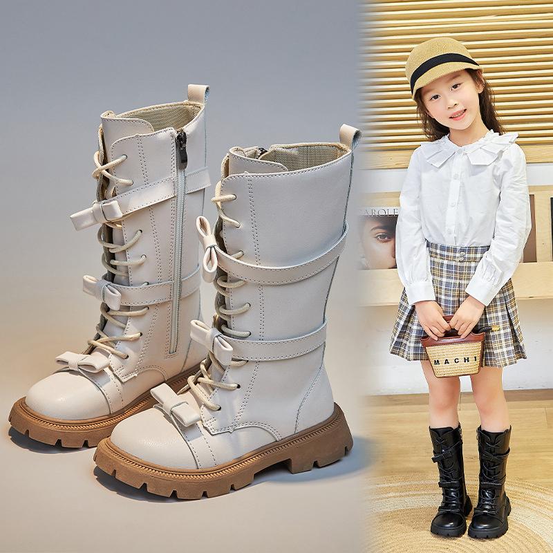 Girls High Boots 2025 Winter Korean Style Britain Style Children Long Boots for Catwalk Bow Solid Color Kids Princess Shoes