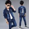 Meninos Moda Denim Ternos Primavera e Outono Crianças Duas peças Denim Ternos Casual Estampado Casaco + Jeans