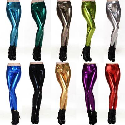 Sexy Lady PU Faux Leather Skinny Silver Golden Metallic Bright Sequin Pants Shining Fitness Leggings