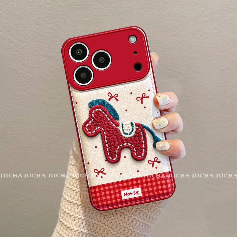 Apple Phone Case with Lanyard: Cute, Embroidered Little Horse Design for iPhone 17, 16 Pro Max, 15, 14