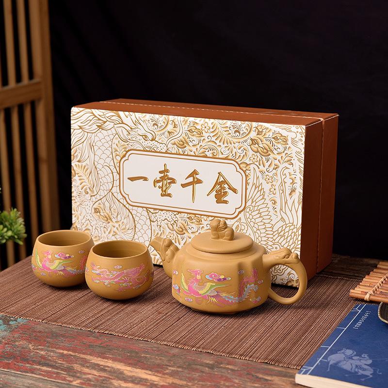 Handmade Gold Cinnabar Mud Broken Water Upside Down Fengming Pot Purple Sand Brewing Teapot Tea Set Sifang Pixiu Changes Color In Case of Heat