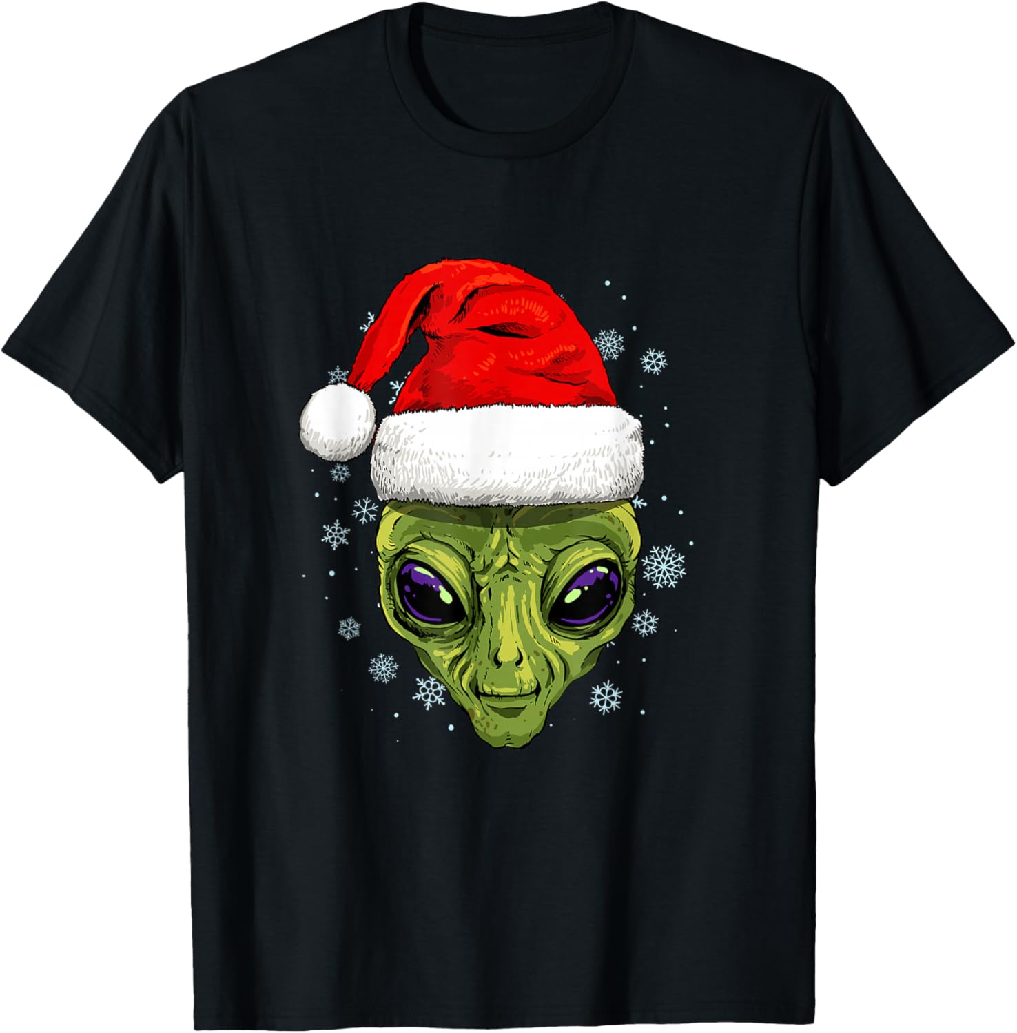 Alien Santa Hat Christmas Graphic Tee Funny Xmas Green Visitor Casual Cotton T-Shirt 4XL
