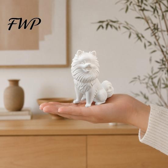 Versatile Home Style Accessory 3D Printed Cute Pomeranian Dog Figurine, White Twisting Head Puppy Statue, Small Sculpture Desktop Ornament for Office