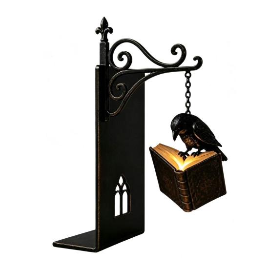 Decorative Metal Bookends for Shelves Gothic with Hanging Light, Cat Raven Ghost Unique Study Room Accessories Bookshelf Lamp, Vintage Church