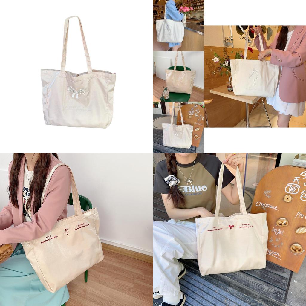 Elegant Pearl Beige Bow Tote Bag Lovely Embroidered Canvas School Bag For Girls