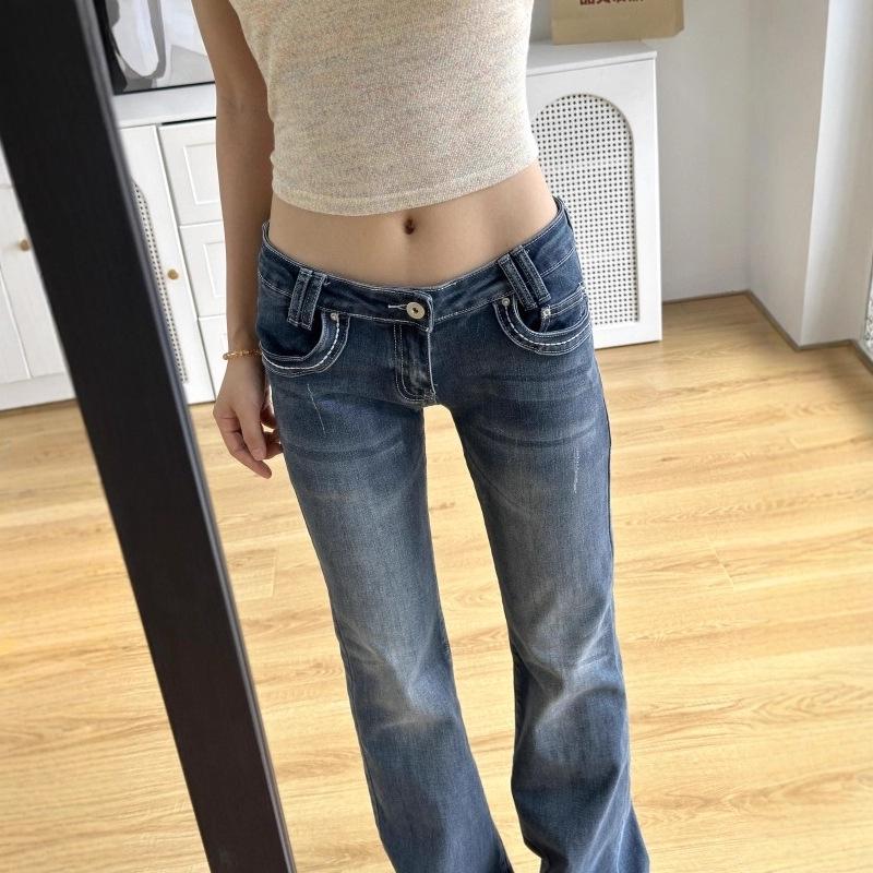 Damskie dżinsy retro, prane, mikro-rozszerzane, długie do podłogi - Jesień 2025, niski stan, luźny krój