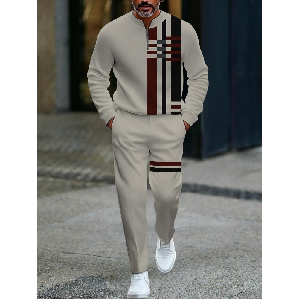 Spring Autumn 3D Printed Fashion Streetwear Men's Long-Sleeved Sets Half-Zipper Stand-Up Collar Men's Casual Sportswear Two-Piece set