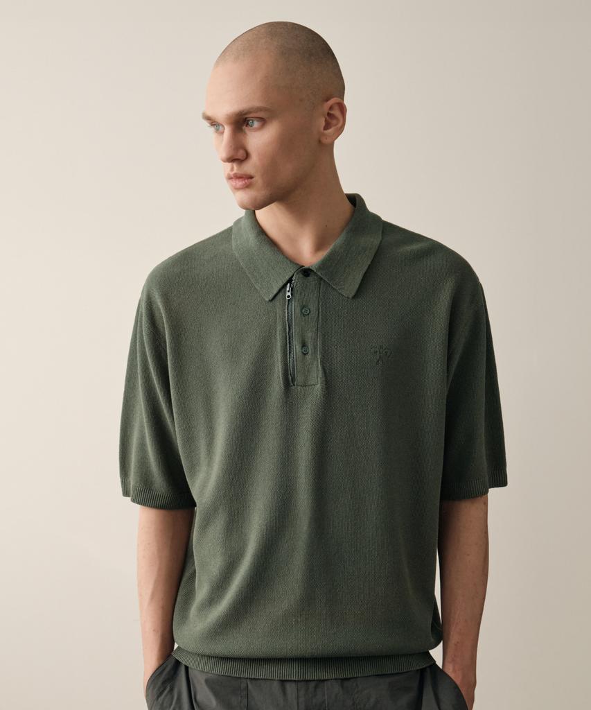 HELEMENT Knit Zip-Up Collared Short Sleeve (D Green)