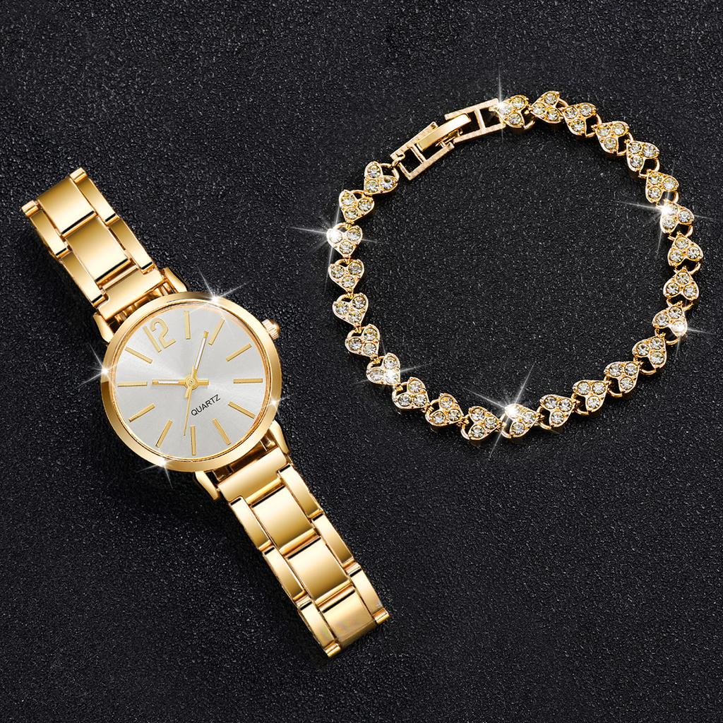 Damen Elegantes Temperament Uhrenset Luxuriös Glänzend Exquisites Armband mit Schlichter Lässiger Quarzuhr Bestes Geschenk für Mädchen