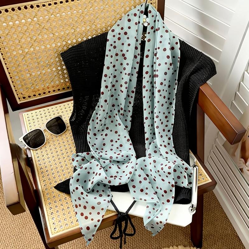 Polka Dot Floral Print Silk Scarf Thin Neck Scarf Hair Band Bag Ribbon For Women Vintage Daily Wear Accessory