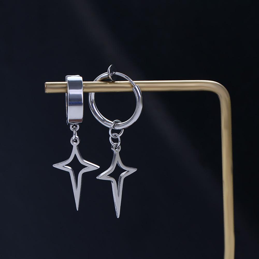 Stainless Steel Men Hoop Earring Clip Earring Cross Star Dangle Earring Korean Style Ear Cuff