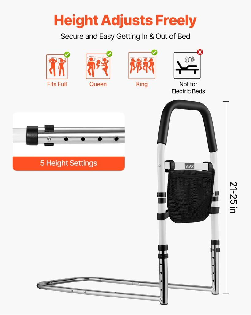 Bed Rail for Elderly, Bedside Assist Rails with PU Handrail, Adjustable Height Pipe Bedside Cane, High-Strength Carbon Steel Bed Bars for Seniors &