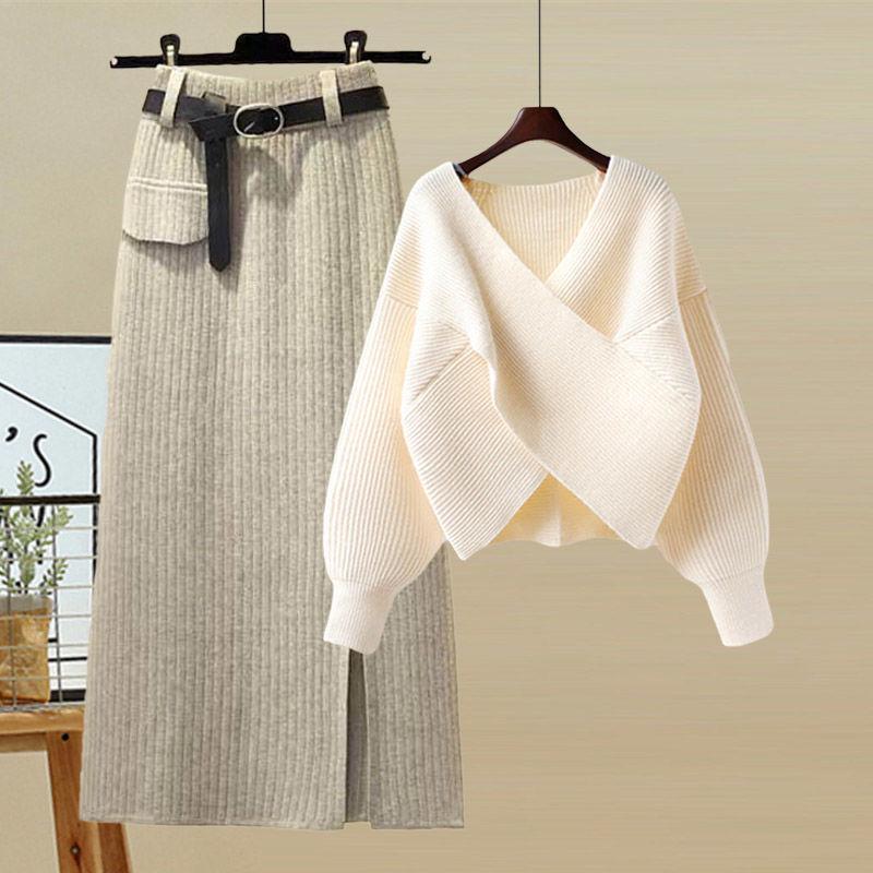 Women's Autumn Korean-Style Slimming Sweater and High-Waist Midi Skirt Set, G Size, 2025 Collection