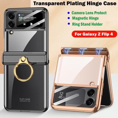 Transparent pläteringsskydd för Samsung Galaxy Z Flip 4 Magnetisk gångjärnsfodral med ringhållare för Samsung Z Flip 4 5g gångjärnsfodral