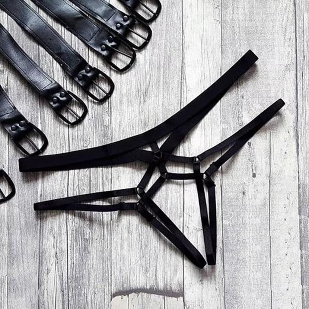 Strappy Quick-Release Open Crotch Lingerie with Cock Ring and Transparent Thong