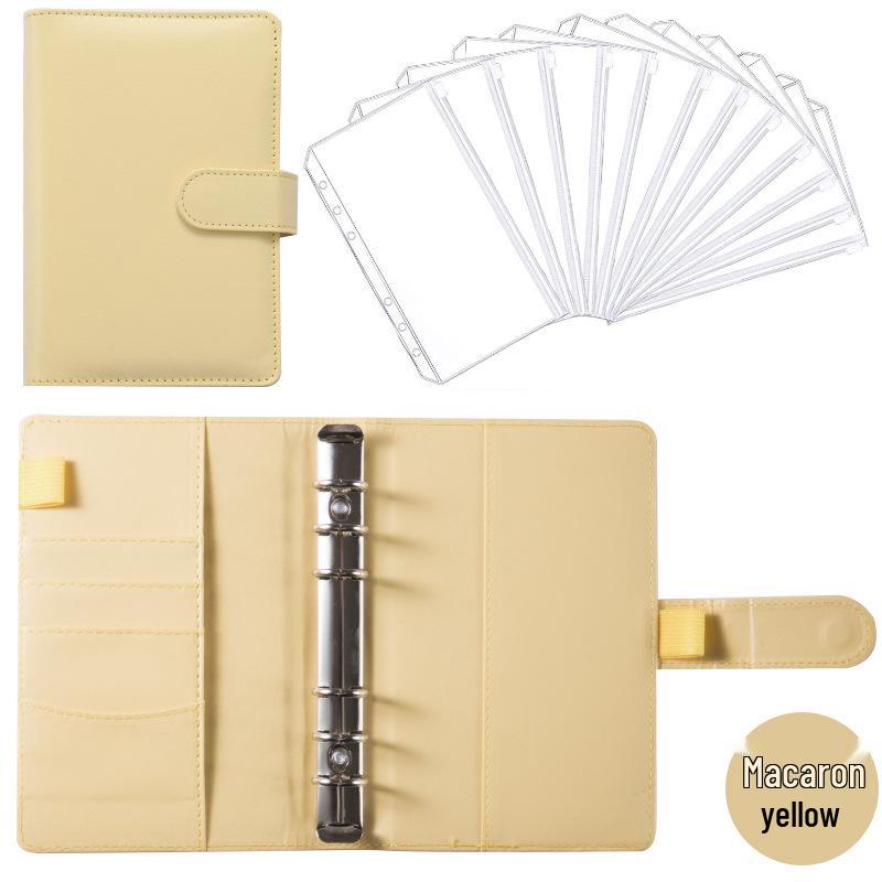 A6 Macaroon Leather Notebook Binder with 12 Refillable Zipper Pockets for Bills and Coins