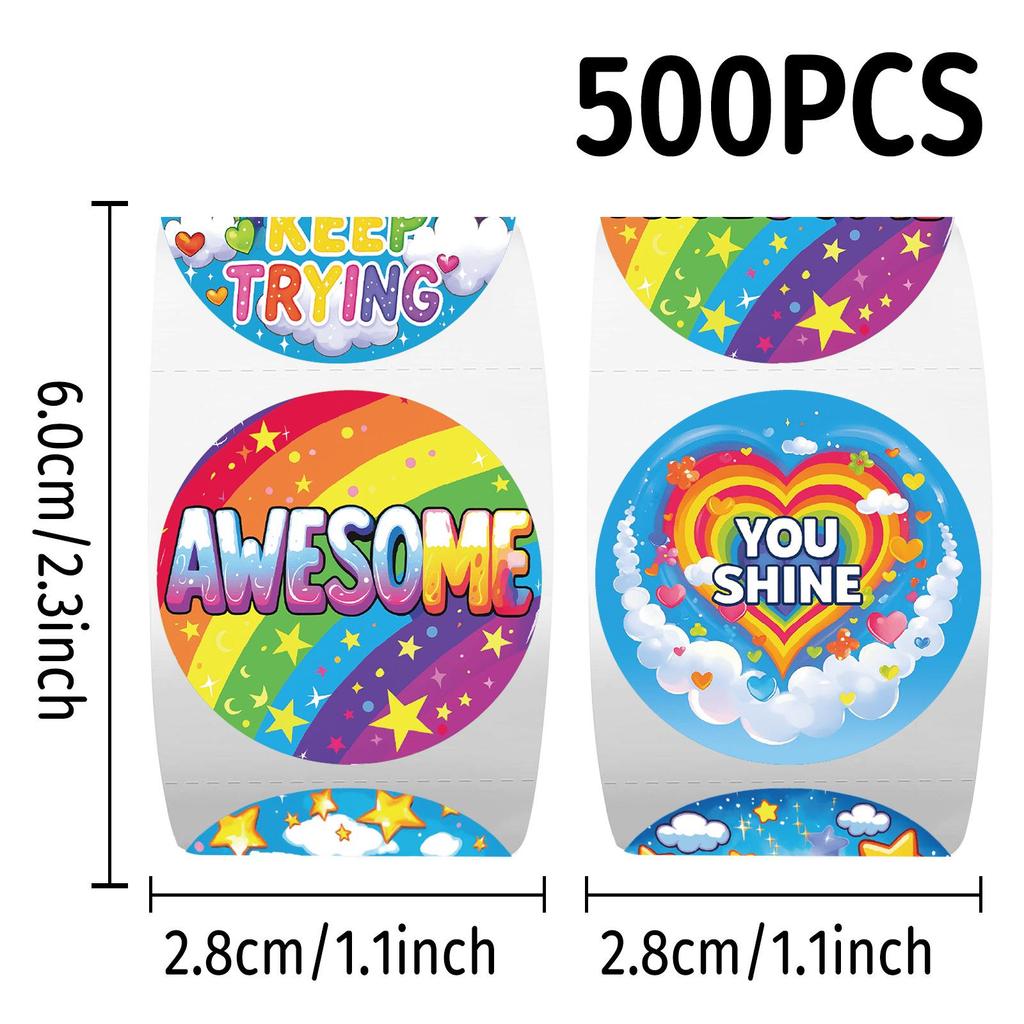 500 Rainbow English Reward Stickers Roll - DIY Journaling, Kids' Stationery, Decorative Sealing Stickers