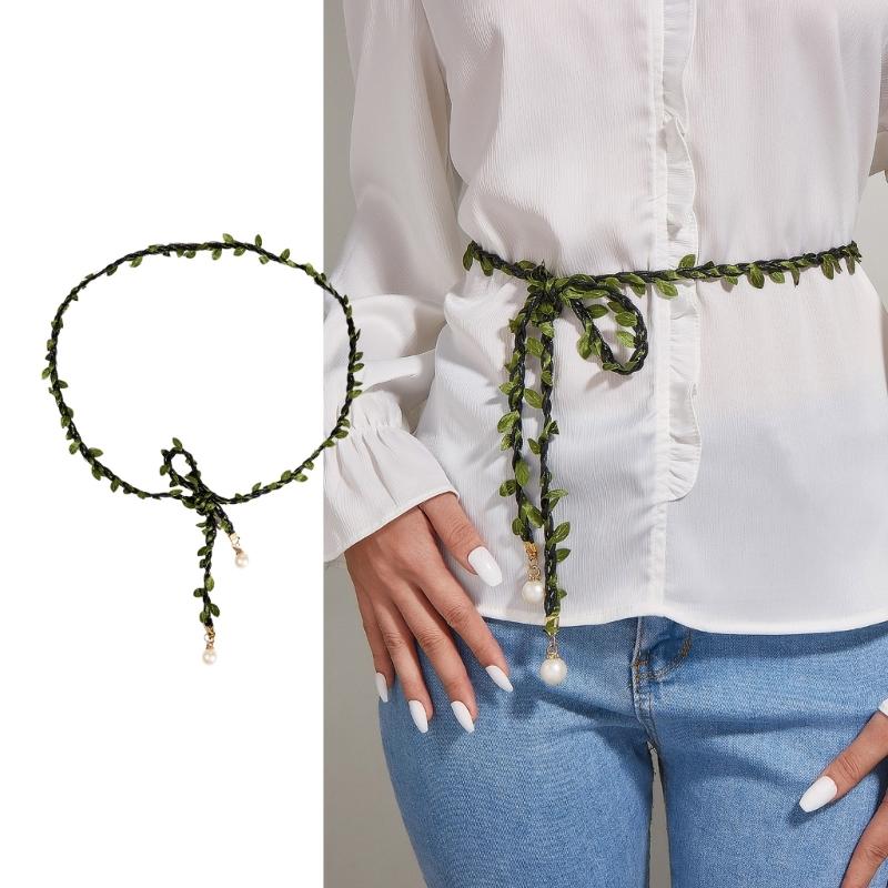 Green Leaves Thin Waist Belt Women Adjustable Belt with Pearl Pendant Belt