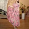 Women's Floral Print Maxi Round Neck Short Sleeve High Waist Pleated Linen Blend Casual Dress