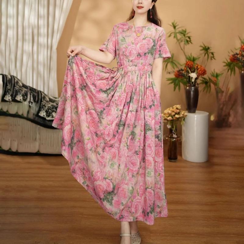 Women's Floral Print Maxi Round Neck Short Sleeve High Waist Pleated Linen Blend Casual Dress