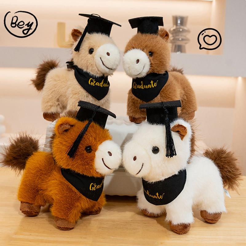 1Pc 28cm Happy Foal Graduation Doll Plush Toys Kawaii Horse with Graduation Cap for Student Graduate Gifts