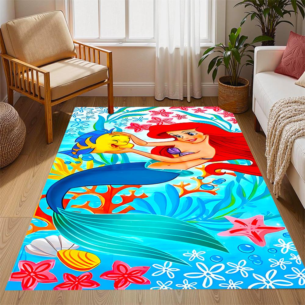 Underwater Mermaid Adventure Disney Cartoon Theme Anti-Slip Rug - Polyester, Home Decor, Suitable for Bedrooms, Living Rooms, Doorways, and Studios