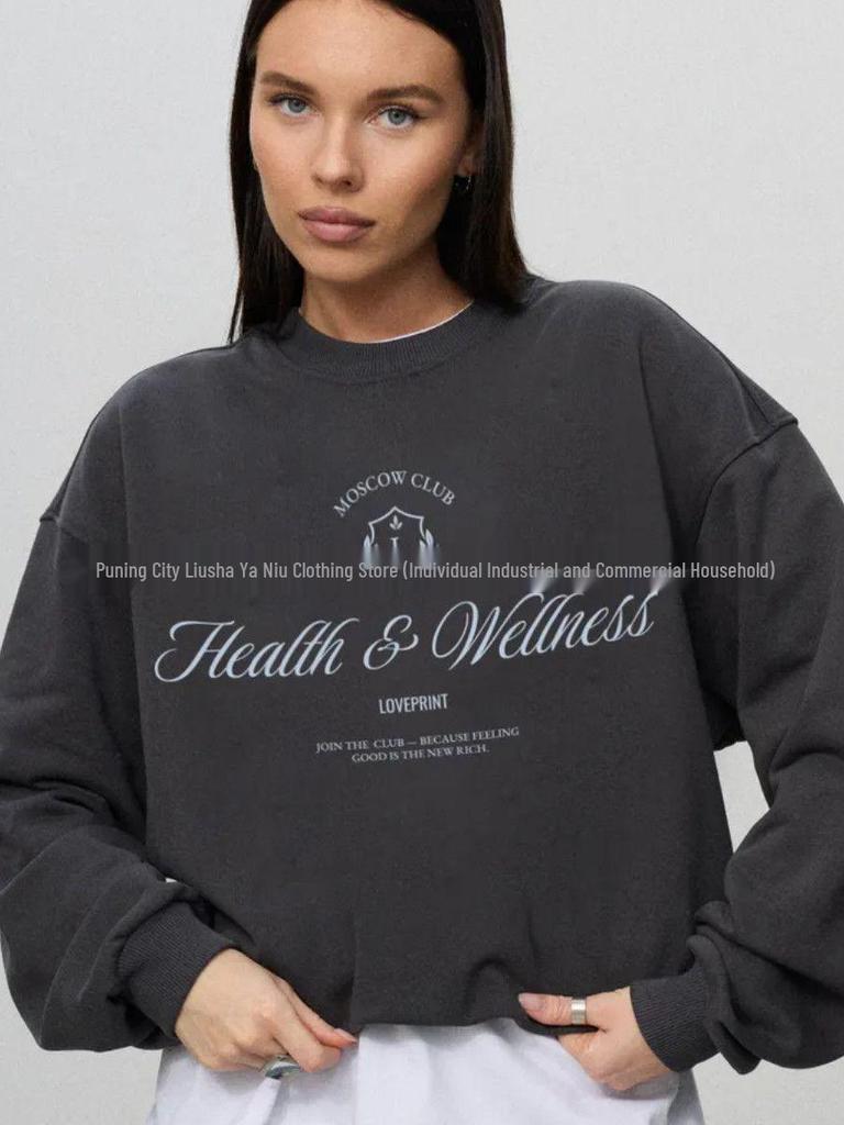 2025 Autumn/Winter Retro Print Thick Round Neck Sweatshirt