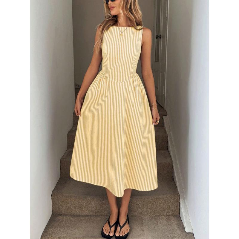 2026 Spring/Summer Women s Casual Sleeveless Pocket Stripe Dress Large