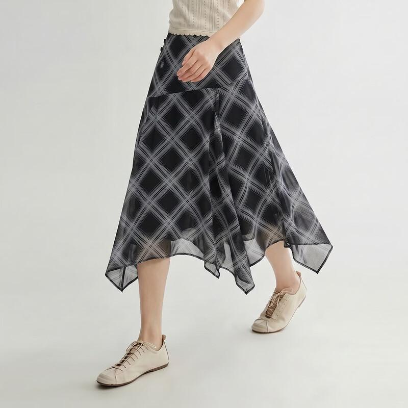 Demana Plaid Mesh A-Line Skirt with Irregular Hem L чёрный