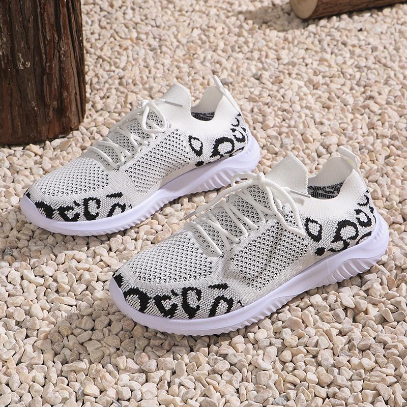 White Leopard Knitted Sneakers Women Autumn 2025 Slip On Plus Size Flats Woman Comfortable Breathable Mesh Casual Walking Shoes