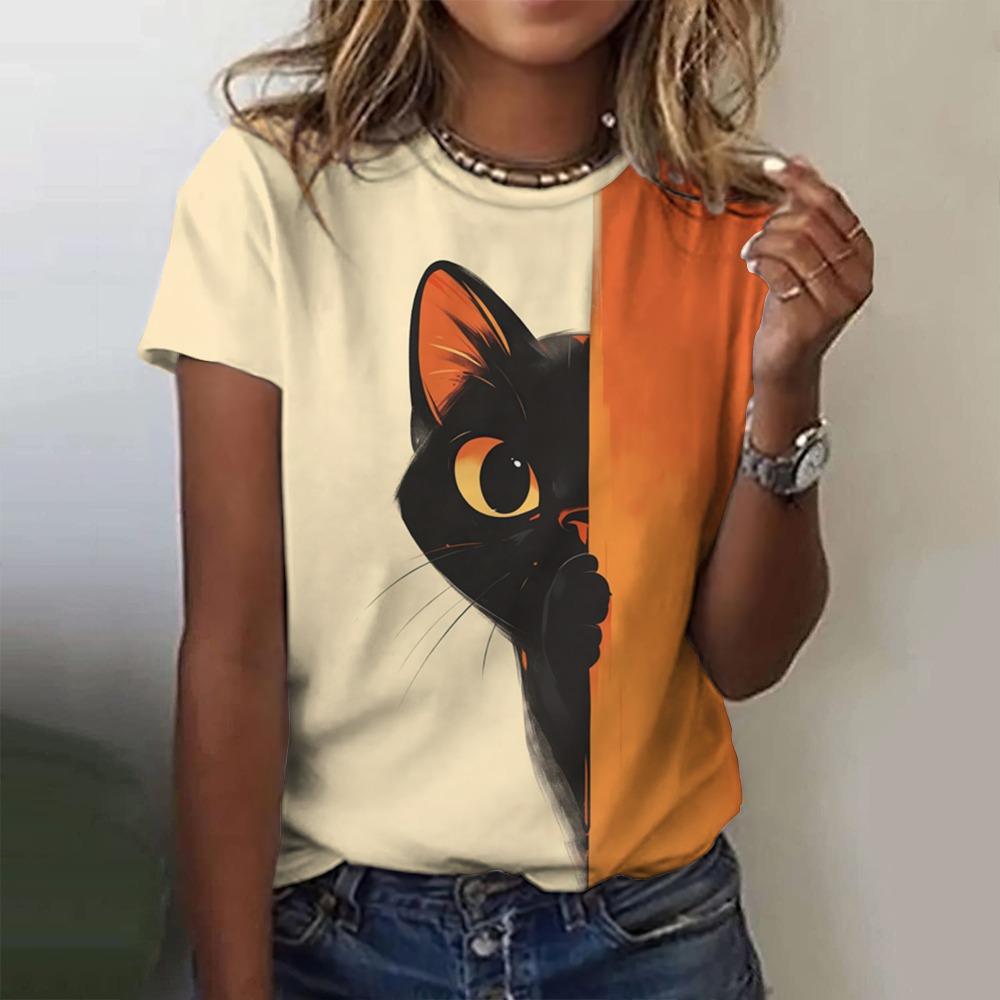 Damen T-Shirt 3D Niedliches Tier Mode Katze Print T-Shirt Sommer Top Lässig Kurzarm Y2k Übergroße Kleidung