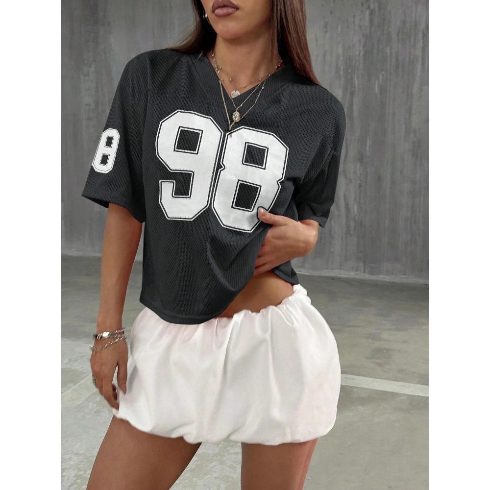 Sommer T-Shirt Sporttrikot T-Shirt mit einfachem Ziffern 98 Muster Kurzärmlig Vielseitig Klassisch Retro T-Shirt Lässiges Oberteil