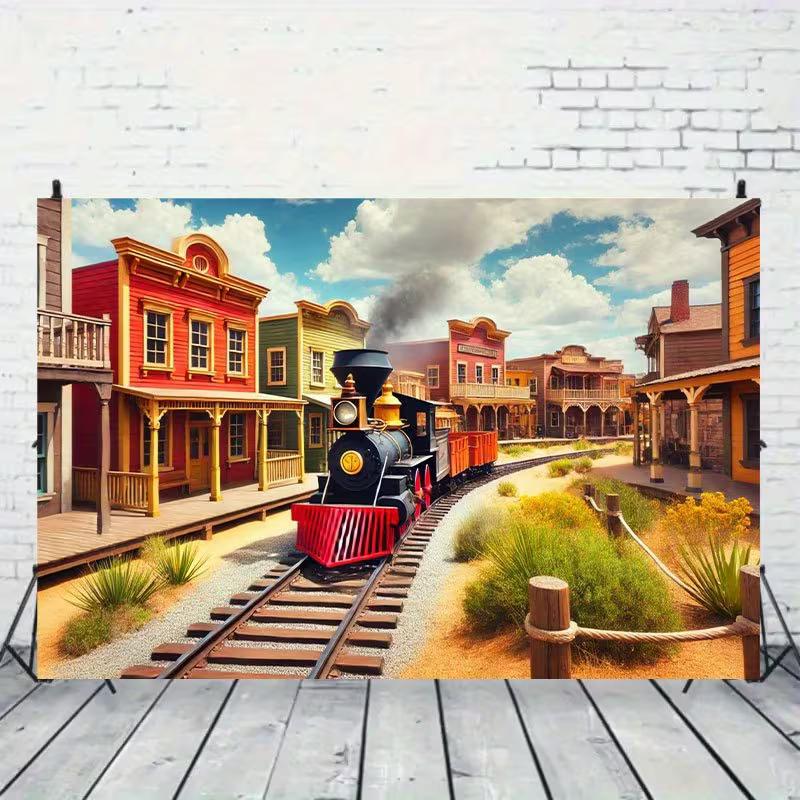 

Винтажный баннер «Город ковбоев и поезд», Декор для детской вечеринки в стиле вестерн 47.2x31.5inch/120*80cm