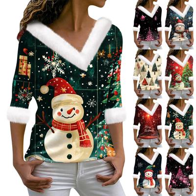Women's Fashionable V Neck Long Sleeved Christmas Printed Plush Collar Casual Top