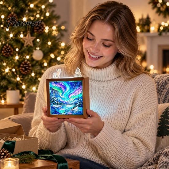 Decorative Room Lighting Christmas Acrylic Puzzle Night Light with Wooden Frame, DIY Stained Glass Style Creative Gift for Kids Jigsaw Lamp