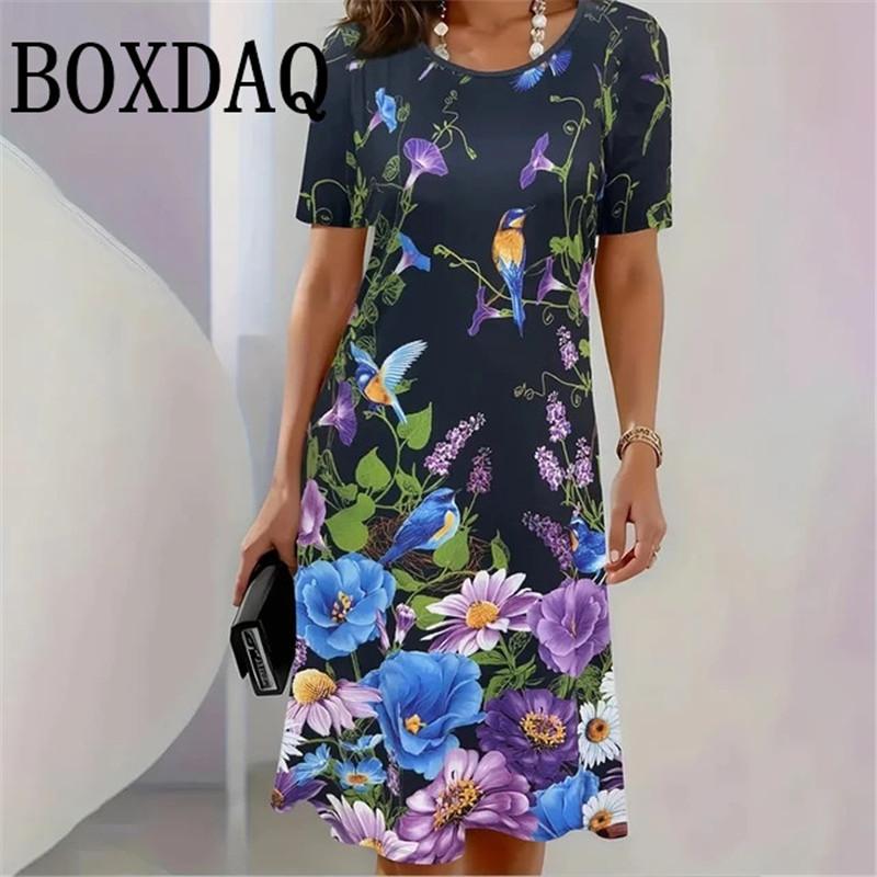 Lady New Dress 3D Printed Short Sleeve Mid-Length Dress Fashion Summer Autumn O-Neck Loose Vintage Dress Elegant Women Clothing