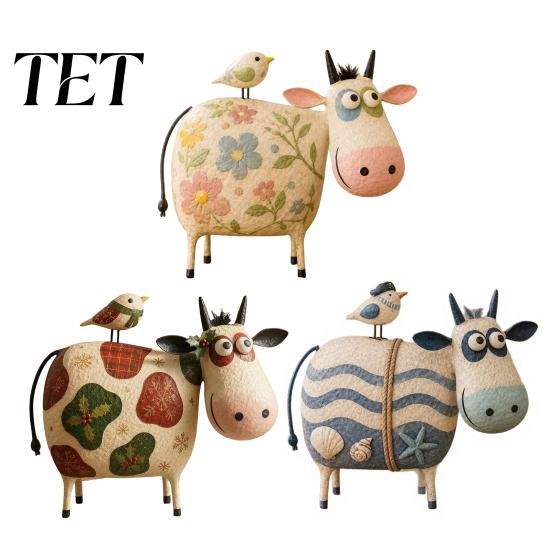Charming Wildlife Collectibles Creative Cow Sculpture with Bird, Resin Animal Figurine, Pastoral Statue, Rustic Whimsical Home Accents Artistic