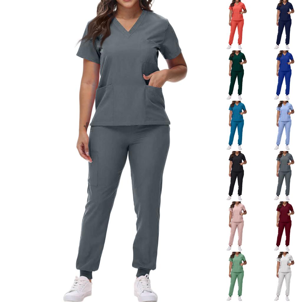 Women's Loose And Comfortable V-neck Short Sleeved Workwear With Tie Up Top And Waist Cinching Beauty Suit Set