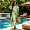 Lightweight Polyester Dress Summer Women Striped Long Dress, Off Shoulder Sleeve Casual with Side Pocket Ankle Length Loose Swing Beach
