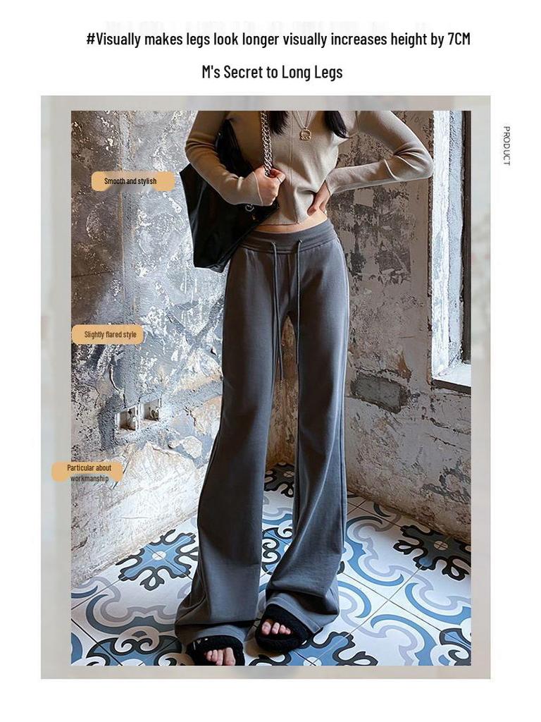 Women's Gray Low-Waist Flare Pants - 2025 Spring Drawstring Casual Slimming Straight Leg Trousers