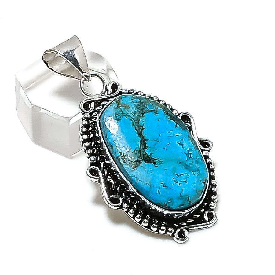 Natural Tibetan Turquoise Gemstone 925 Sterling Silver Pendant 1.97" ETC-14294